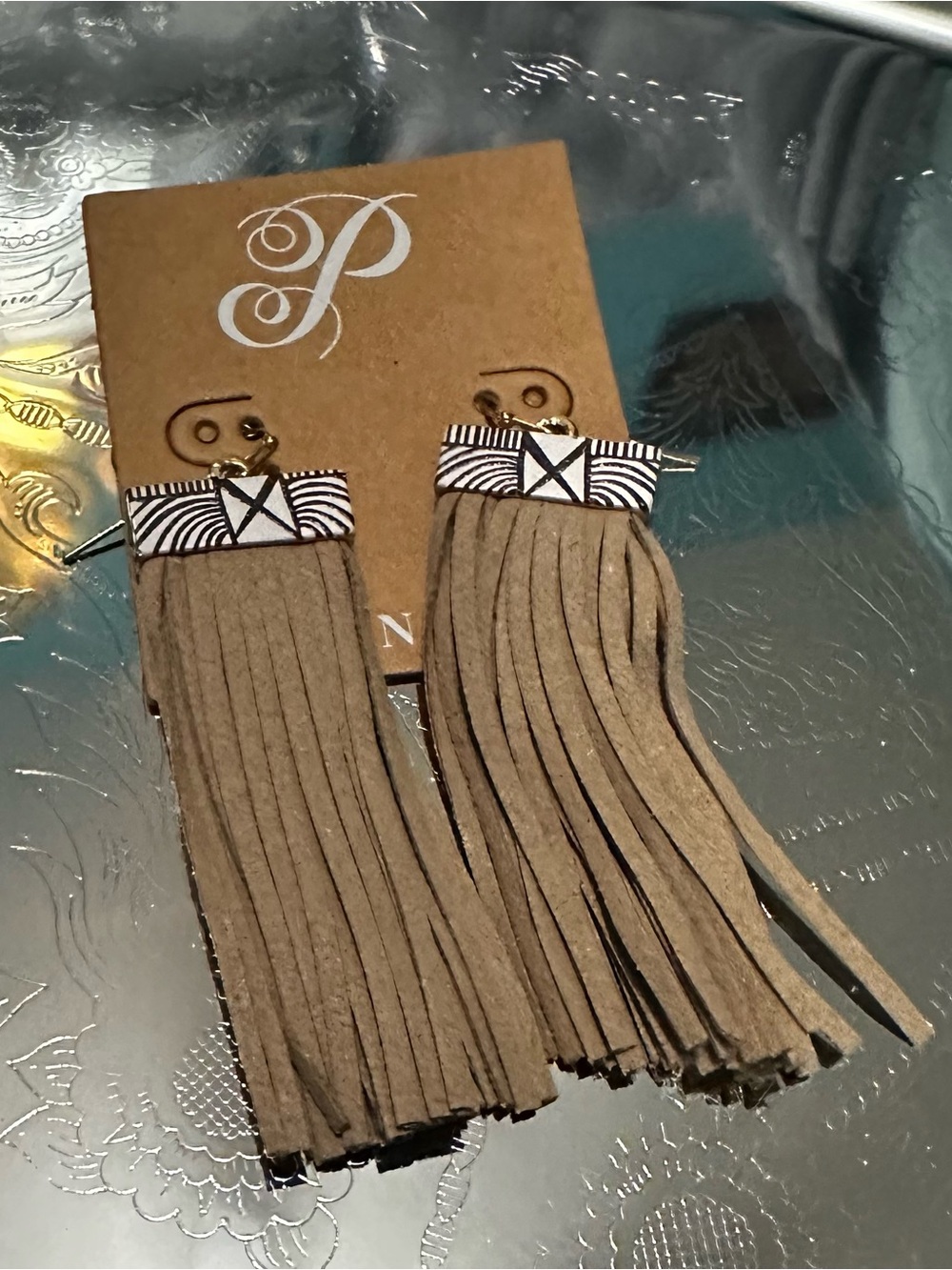 PLUNDER “FAUX LEATHER” TASSEL EARRINGS with AZTECH DESIGN on Fish Hook Style